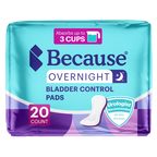 Packshot of the teal and purple Because Overnight Bladder Control Pads package, 20 count, marked absorbs up to 3 cups with a urologist recommended all day dryness badge.