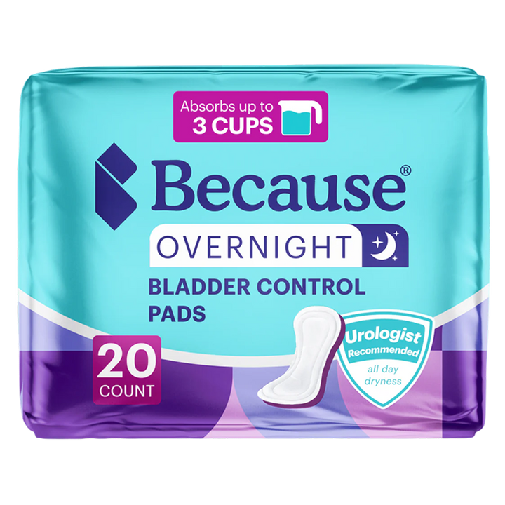 Packshot of the teal and purple Because Overnight Bladder Control Pads package, 20 count, marked absorbs up to 3 cups with a urologist recommended all day dryness badge.