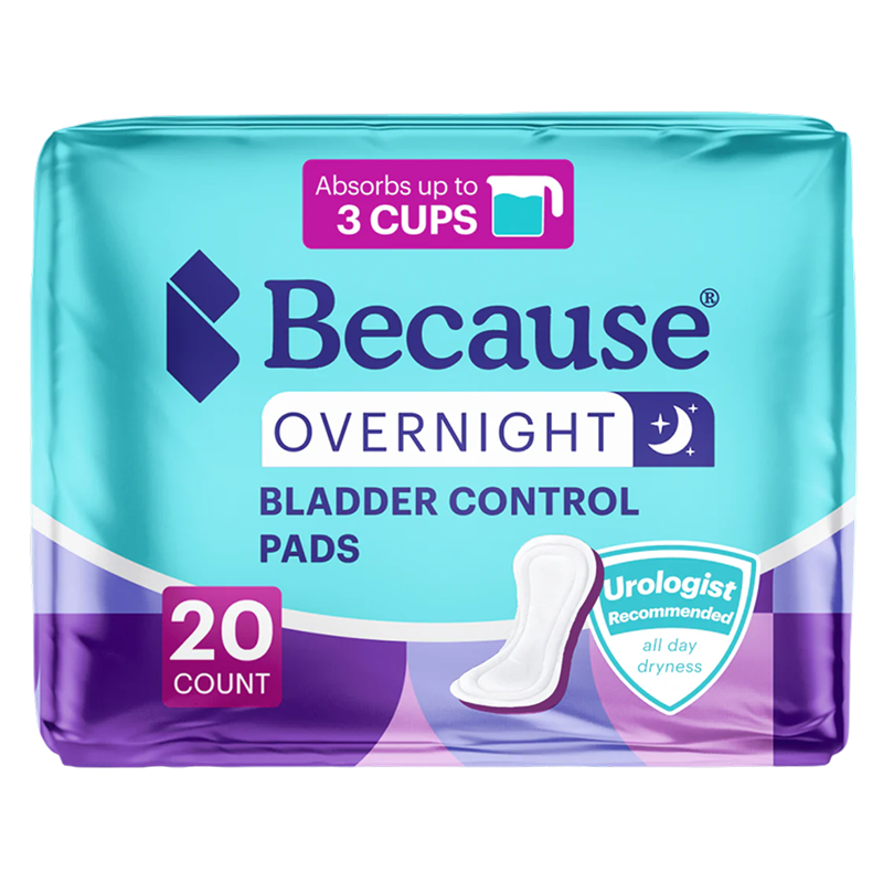 Packshot of the teal and purple Because Overnight Bladder Control Pads package, 20 count, marked absorbs up to 3 cups with a urologist recommended all day dryness badge.