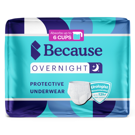 Package of Because Overnight protective underwear for men with branding and product details.