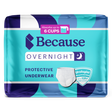 Package of Because Overnight protective underwear for women with branding and product details.