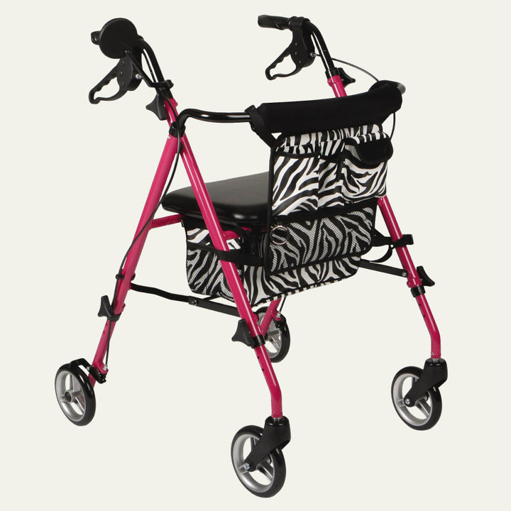 Pink Zebra Aluminum Folding Rollator Walker on white background