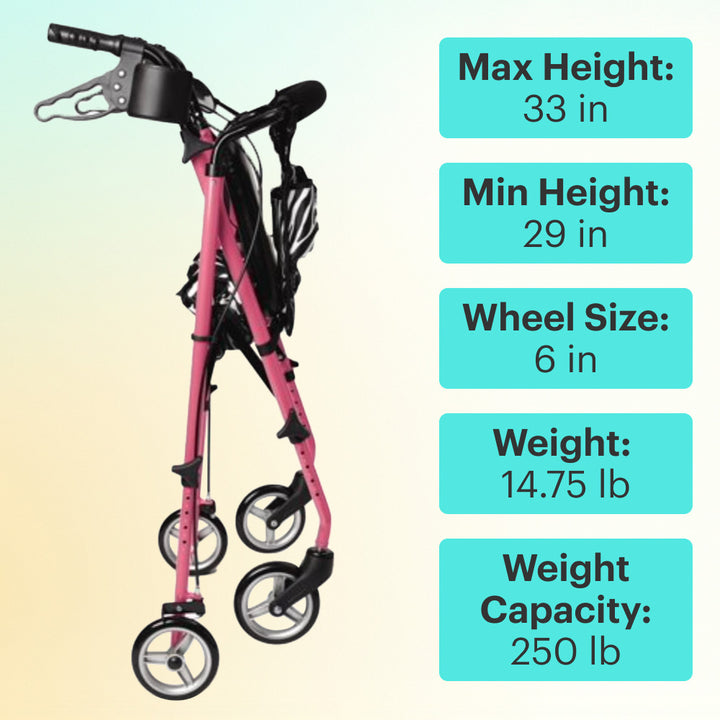 Folded Pink Zebra Aluminum Folding Rollator Walker with specifications on a light yellow background