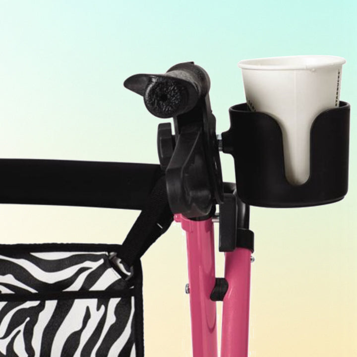 Pink Zebra Aluminum Folding Rollator Walker cup holder