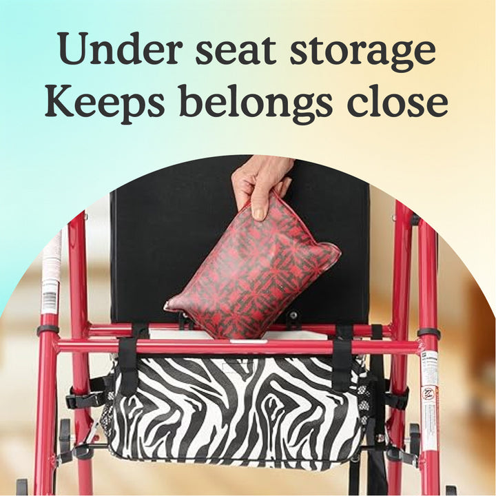 Hand placing red back in Pink Zebra Aluminum Folding Rollator Walker under seat storage with text "under seat storage keeps belongings close"