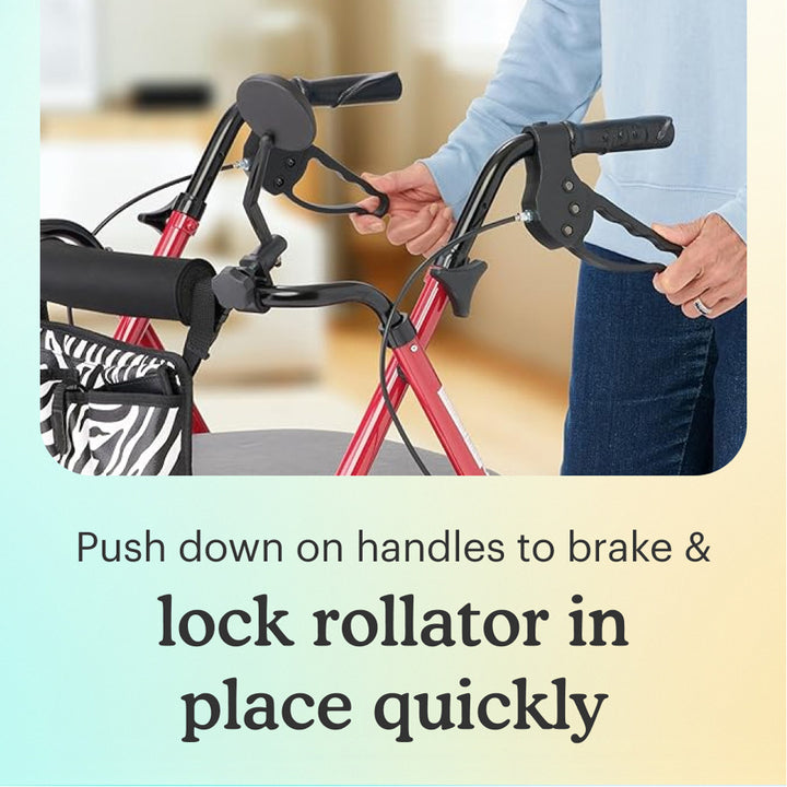 Pink Zebra Aluminum Folding Rollator Walker brake handles being held by a person, with text "push down on handles to brake and lock rollator in place quickly" on a light yellow background.