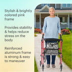 Woman using a Pink Zebra Aluminum Folding Rollator Walker with text describing its features on a light yellow background