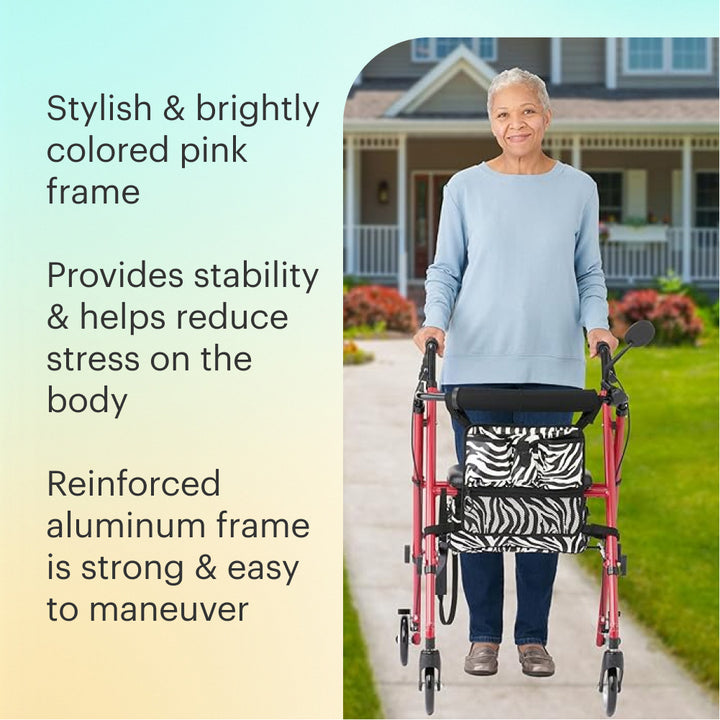 Woman using a Pink Zebra Aluminum Folding Rollator Walker with text describing its features on a light yellow background