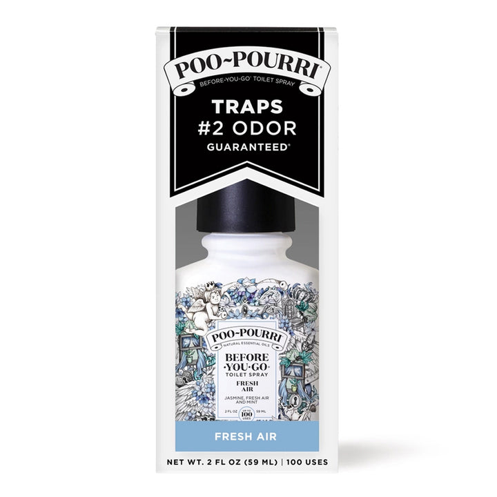 Packaging of Poo-Pourri Fresh Air Toilet Spray with a white bottle visible through the box window, featuring a blue and white design.