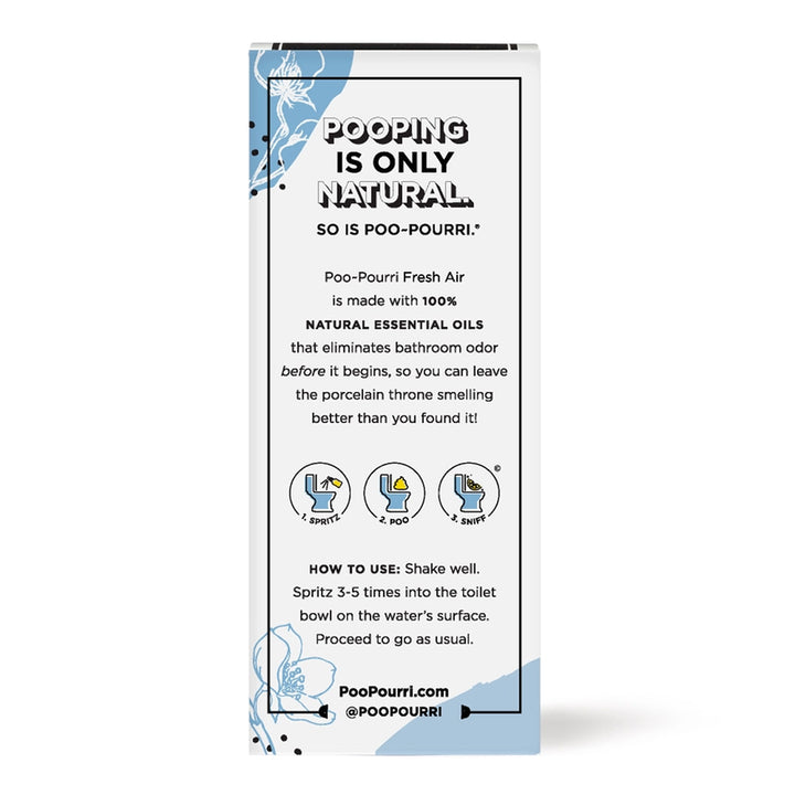 The packaging of Poo-Pourri Fresh Air Toilet Spray, which highlights its use as a bathroom odor eliminating spray. The packaging is primarily a rectangular, vertical card that presents information in a clear, organized manner on a white background.