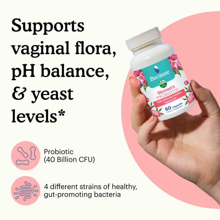 Hand holding Because Women's Probiotic supplement bottle on white background with text "support vaginal flora, pH balance,  yeast levels."