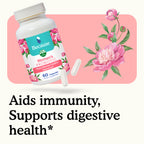 Because Women's Probiotic supplement bottle with flowers and text "aid immunity and support digestive health." on white background