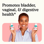 Smiling woman holding two bottles of Because Women's Probiotic with text "promote vaginal & digestive health" on white and pink background