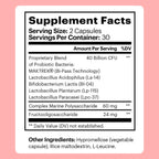 Because Women's Probiotic supplement nutritional information on pink background