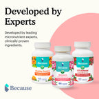 Bottles of Because Women's Probiotics, Bladder control supplements, and UTI defense and probiotic supplements with text "developed by leading micronutrient experts." on white and pink background