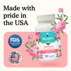 Bottle of Because Women's Probiotics with flowers and text "made with pride in the USA" on pink and white background
