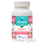 Because Women's Probiotic supplement bottle on white background