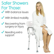 Woman sitting on the shower chair smiling