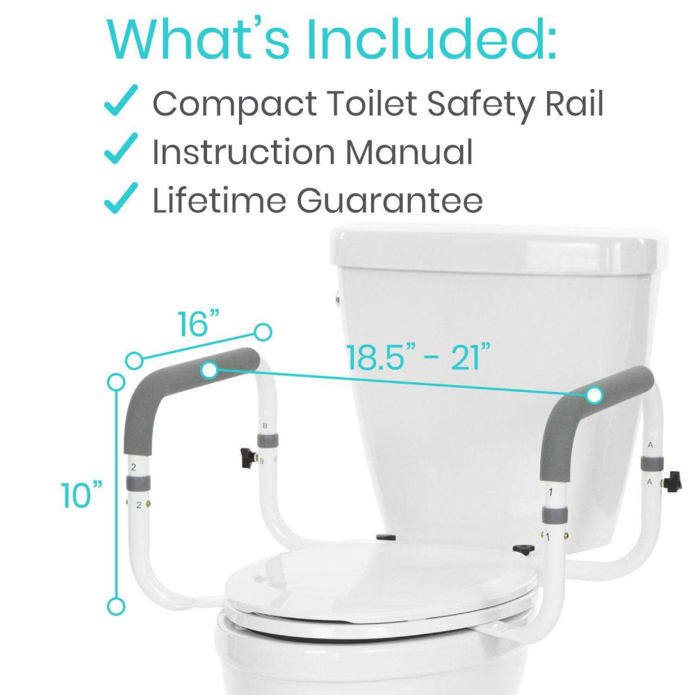 What's included: compact toilet safety rail, instruction manual and lifetime guarantee