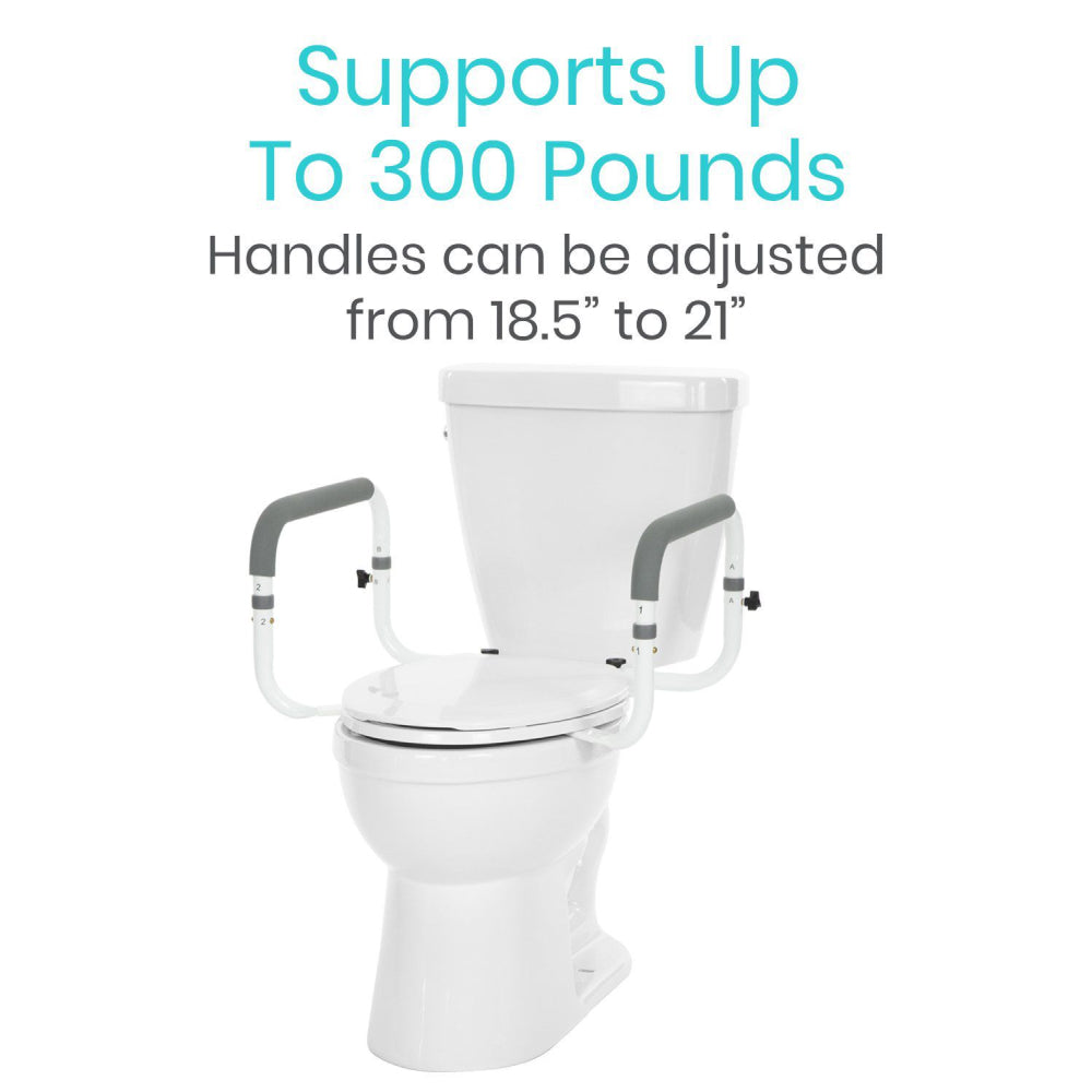 Toilet rail supports up to 300 pounds and the handles can be adjusted from 18.5" to 21"