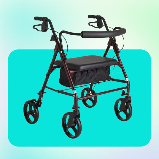 Image shows a red steel rollator.
