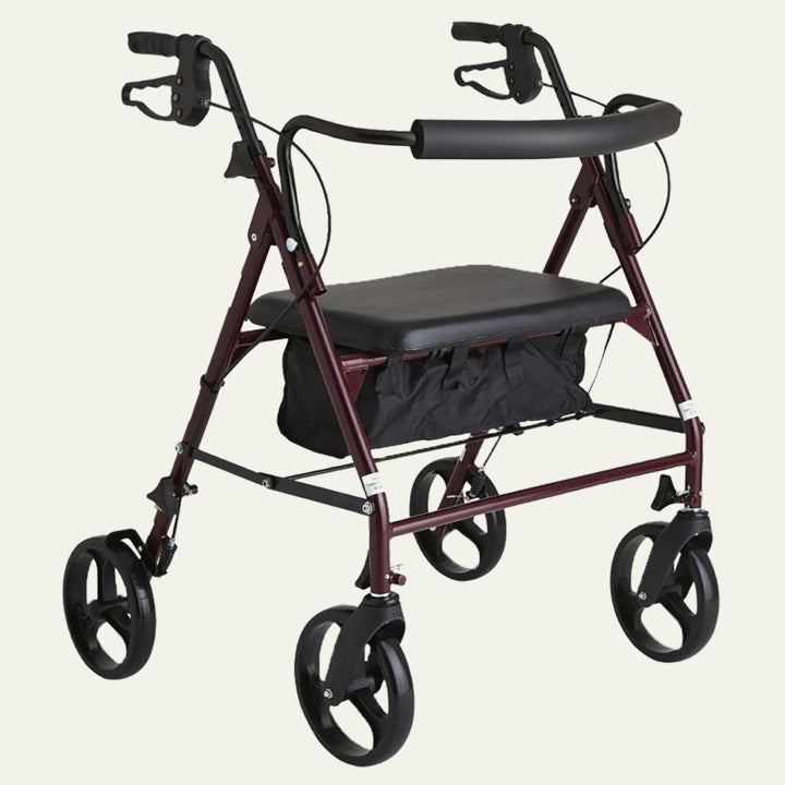 Red Steel Heavy Duty Folding Rollator Walker on white background