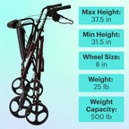 Collapsable Red Steel Heavy Duty Folding Rollator Walker with specifications on a blue background