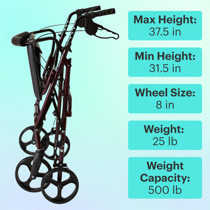 Collapsable Red Steel Heavy Duty Folding Rollator Walker with specifications on a blue background