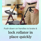 Person holding brakes of Red Steel Heavy Duty Folding Rollator Walker with text "push down on handles to brake and lock rollator in place quickly" on light yellow background