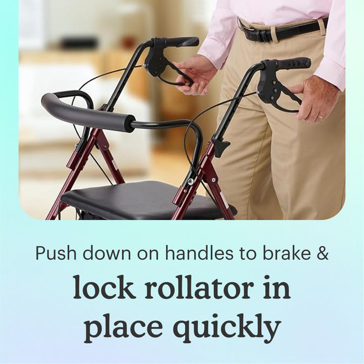 Person holding brakes of Red Steel Heavy Duty Folding Rollator Walker with text "push down on handles to brake and lock rollator in place quickly" on light yellow background