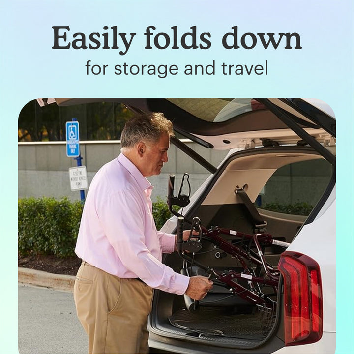 Man putting Red Steel Heavy Duty Folding Rollator Walker in the trunk of a car with text 'Easily folds flat for storage and travel'.