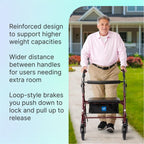 Man using a Red Steel Heavy Duty Folding Rollator Walker with text about its features on a light blue background