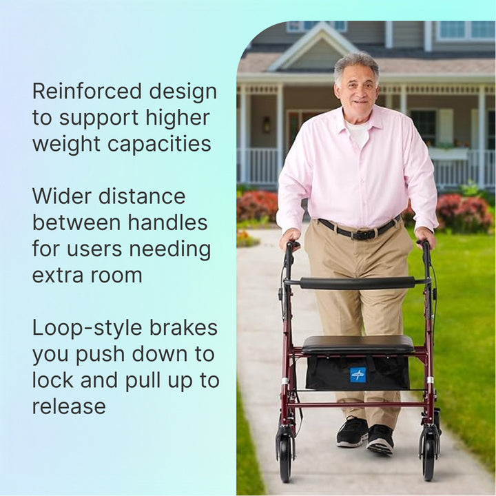 Man using a Red Steel Heavy Duty Folding Rollator Walker with text about its features on a light blue background