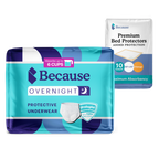 Because Overnight protective underwear packaging and Because premium bed protectors packaging on a white background