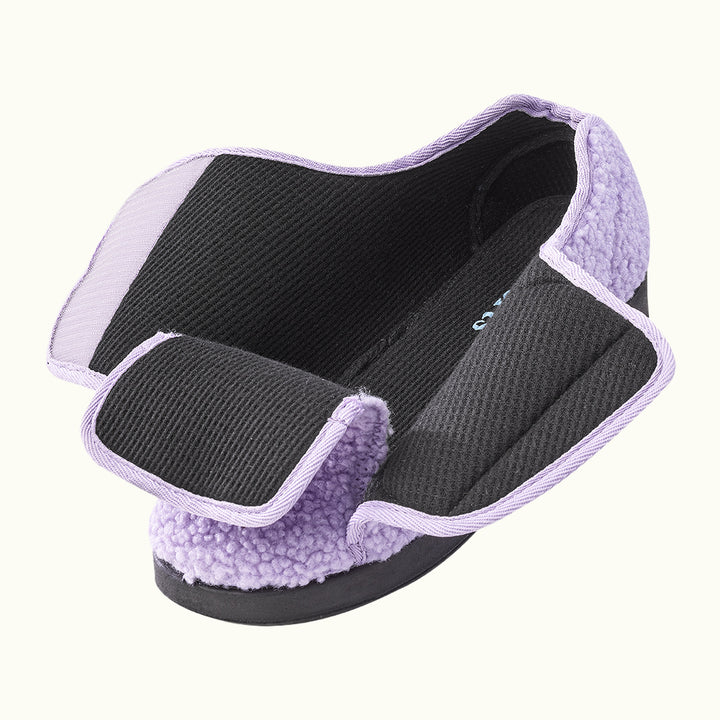 Open Silverts Women's Extra-Wide Easy Closure Slippers in purple on white background