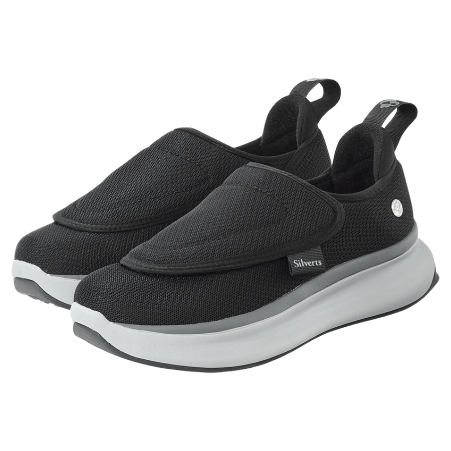 Black Women's Extra Wide Comfort Shoes with gray and white soles on a white background