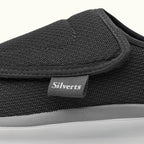Up close view of Black Women's Extra Wide Comfort Shoes with gray soles on a white background