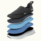 Stacked inserts of Black Women's Extra Wide Comfort Shoes with gray soles on a white background