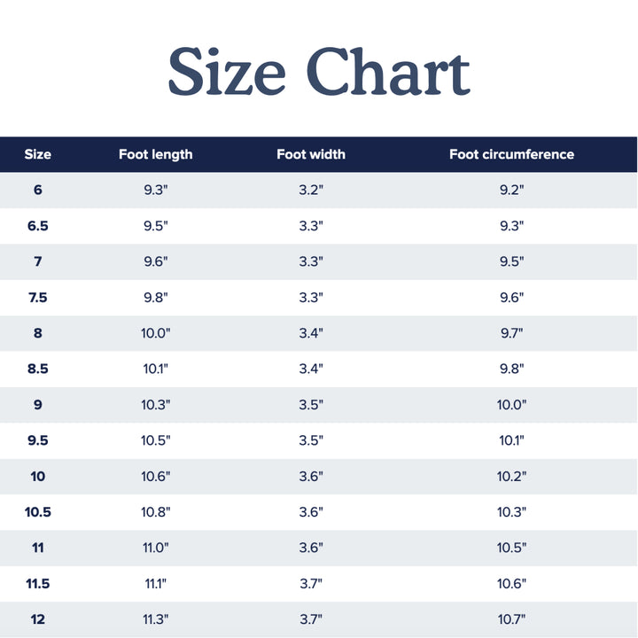 Size chart for Black Women's Extra Wide Comfort Shoes with foot length, width, and circumference measurements.  