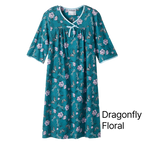 Teal floral No Peek Washable Gown with 'Dragonfly Floral' text on a white background