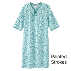 Blue and green No Peek Washable Gown with 'painted strokes' text on a white background
