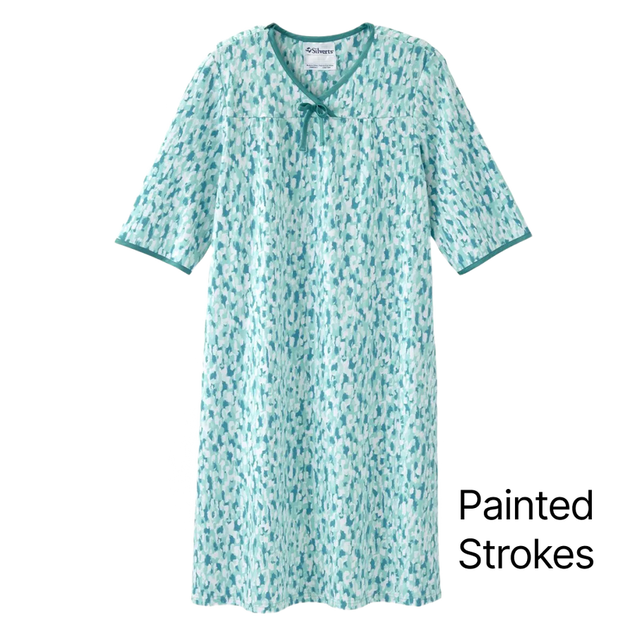 Blue and green No Peek Washable Gown with 'painted strokes' text on a white background