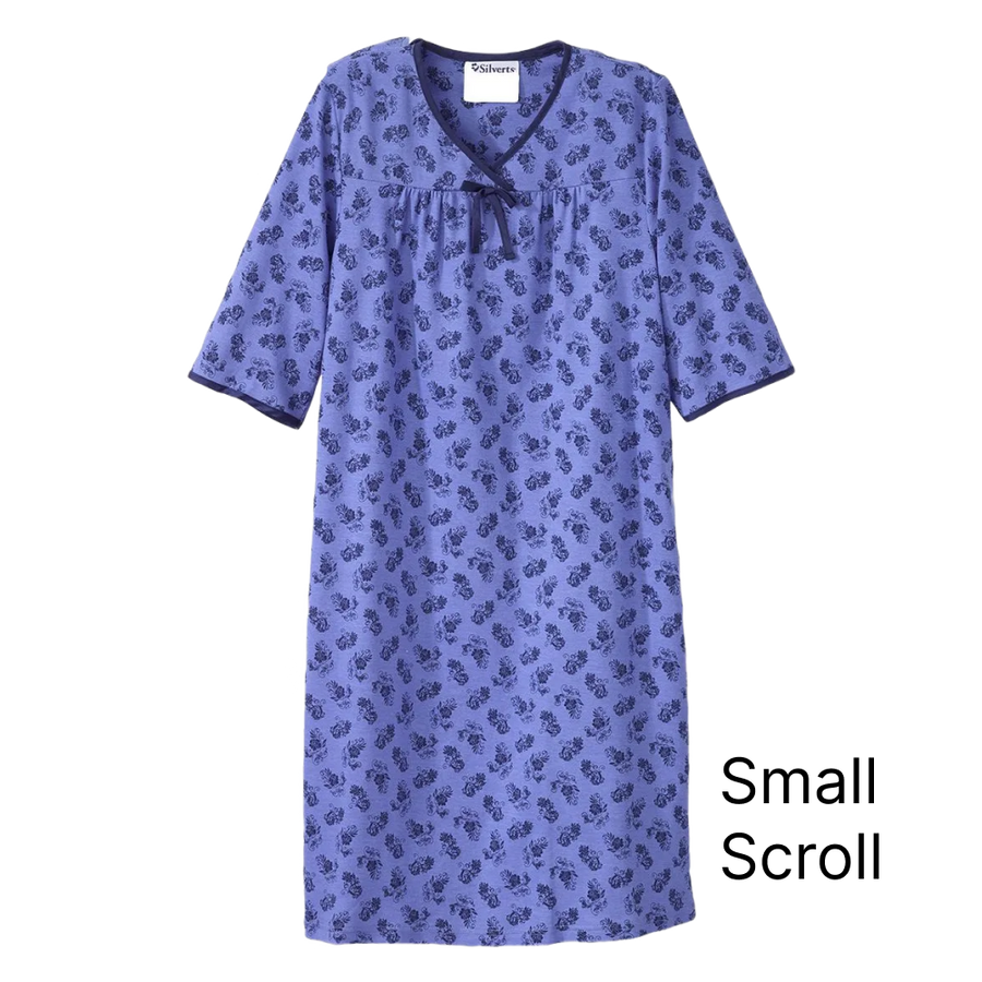 Purple No Peek Washable Gown with 'Small Scroll' text on a white background