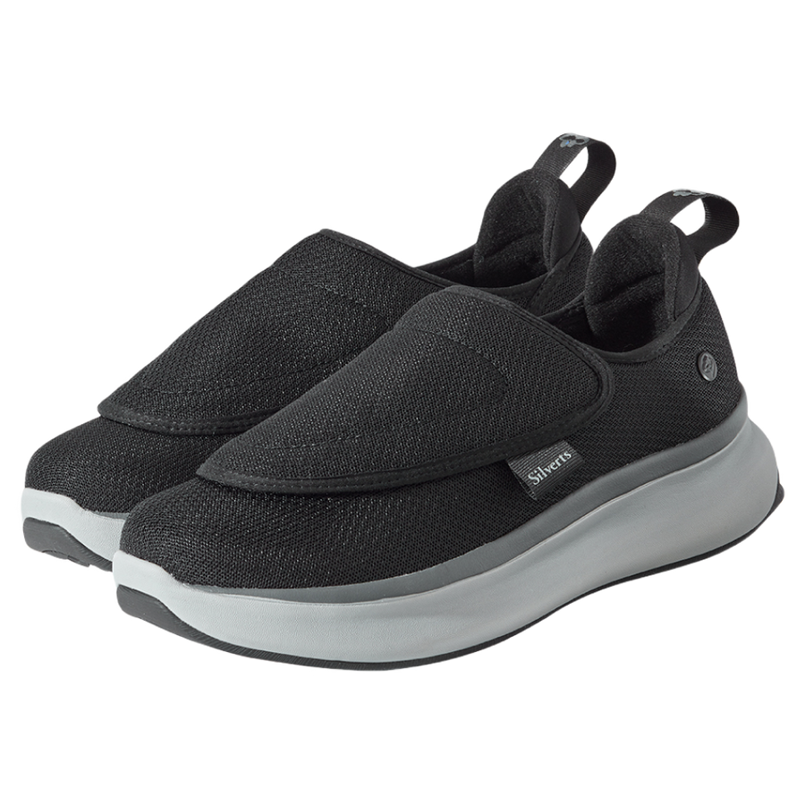 Black Men's Extra Wide Comfort Shoes with gray and white soles on a white background