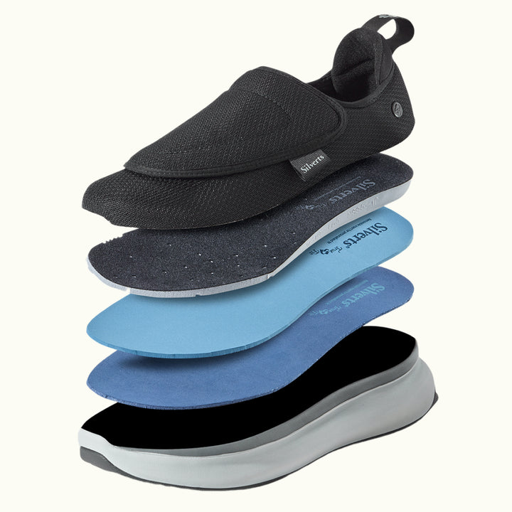 Stacked inserts of Black Men's Extra Wide Comfort Shoes with gray soles on a white background