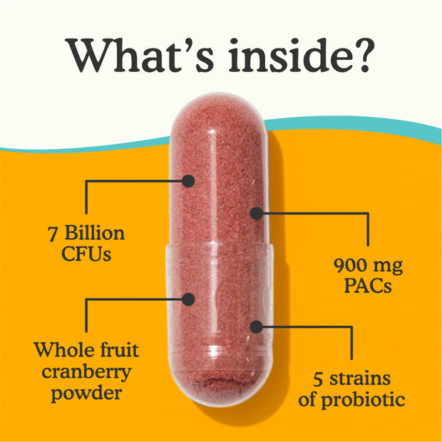What's inside the Because UTI Defense Probiotic? It's composed of 7 billion CFUs, 900 mg PACs, Whole fruit cranberry powder, 5 strains of probiotic.