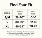 Size chart for Because underwear with waist and pant measurements.