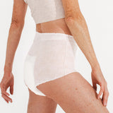 Woman wearing sensitive underwear that looks absorbent and sleek