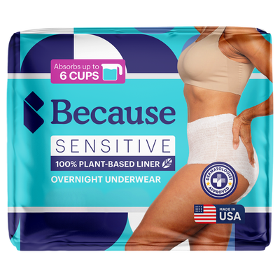 Package of Because sensitive overnight underwear on white background