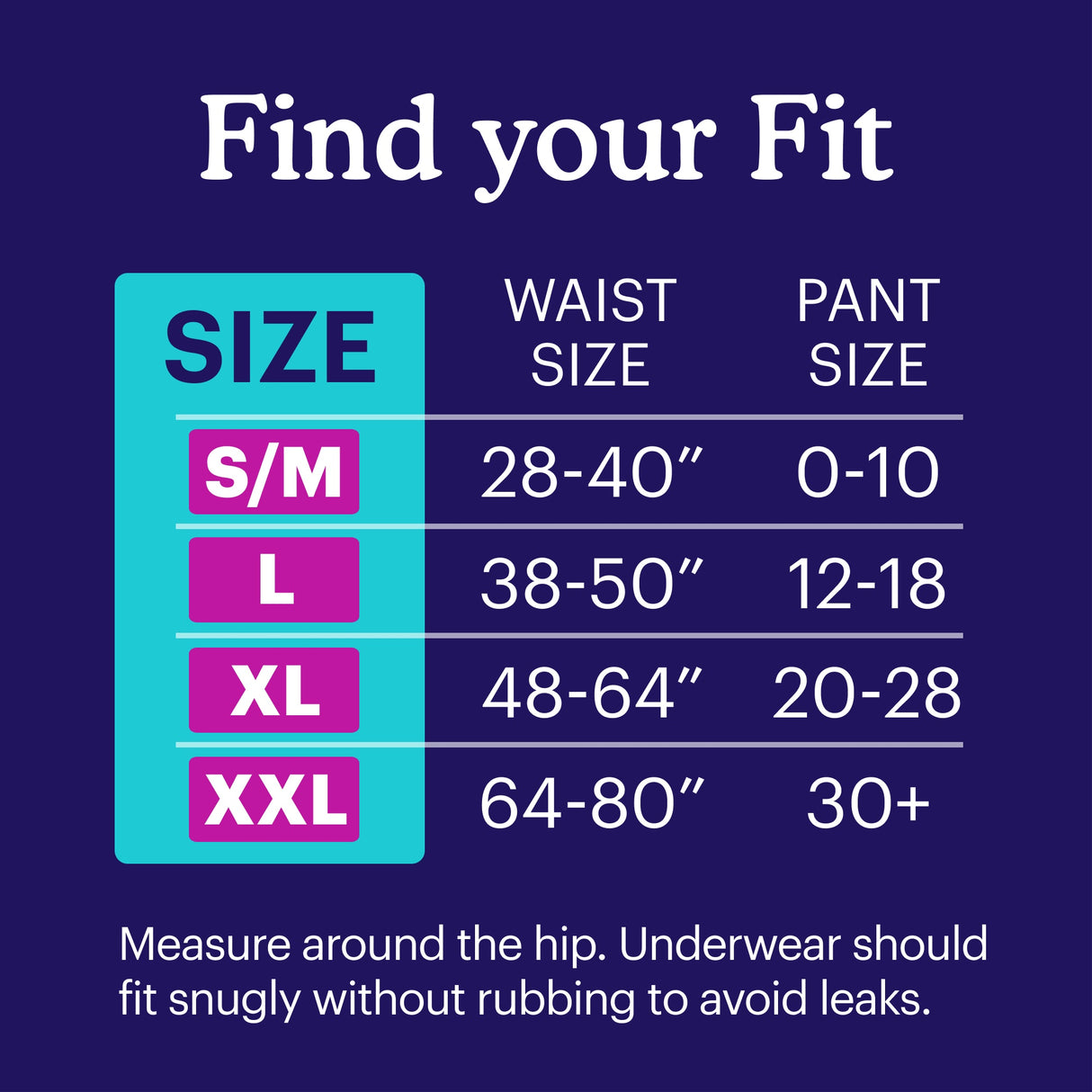 Size chart for womens overnight underwear